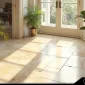 a beautiful room with plant pots where the floor of the room is covered with light travertine pavers